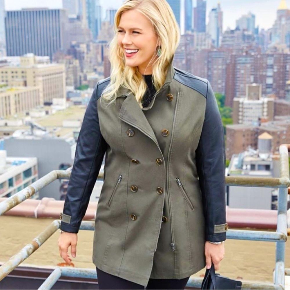 Motto Military Trench Coat with Faux Leather Trim olive green/black size M